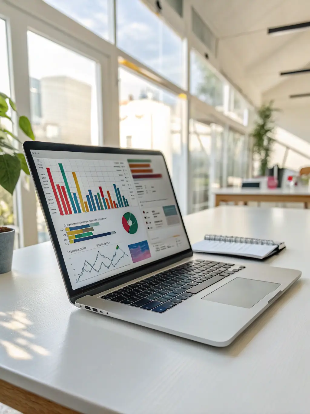 A professional photo of a laptop displaying SEO analytics, surrounded by marketing-related icons, symbolizing Biz Care X's SEO services.