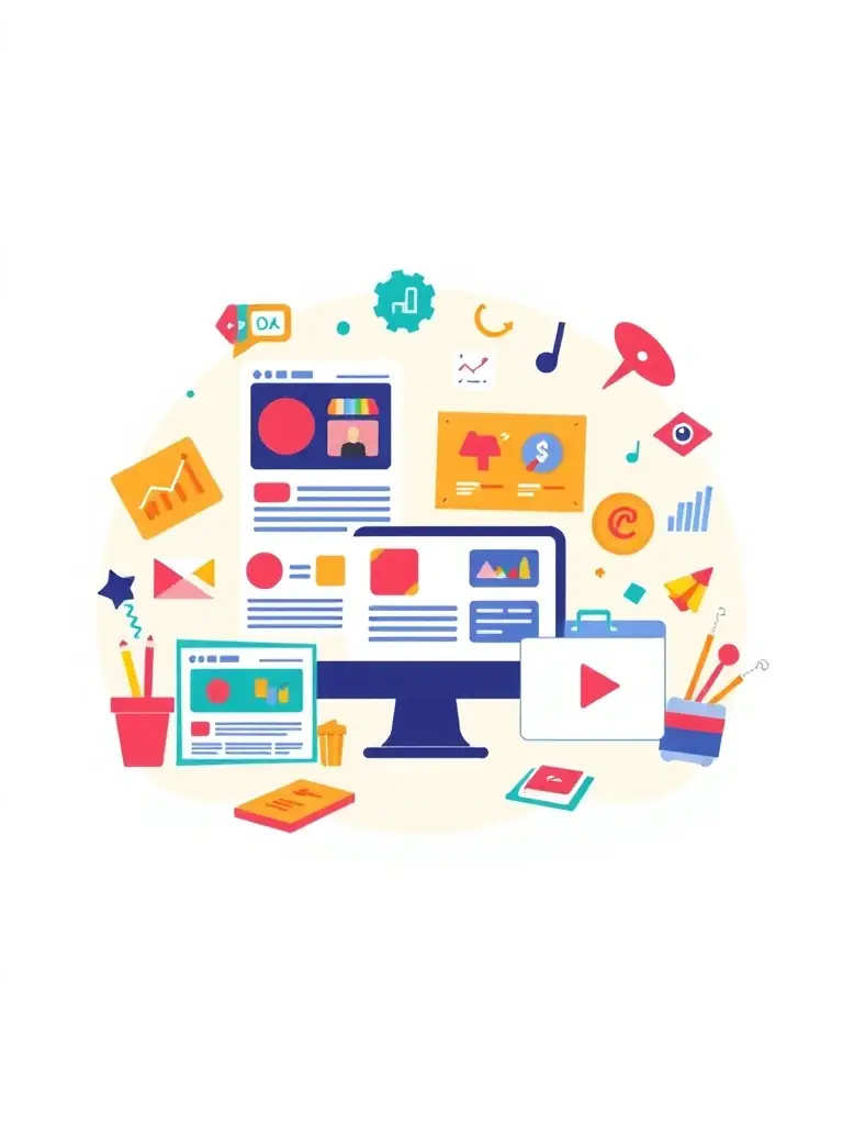 A creative image featuring various content formats like blog posts, videos, and infographics, representing Biz Care X's content creation services.